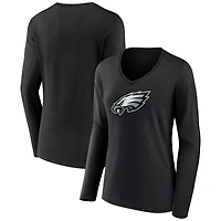 Women's Black Philadelphia Eagles Primary Team Logo Long Sleeve V-Neck T-Shirt