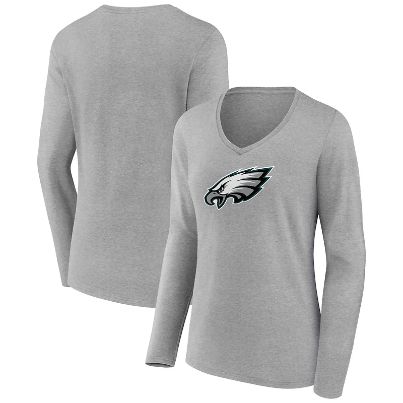 Women's Heather Gray Philadelphia Eagles Primary Team Logo Long Sleeve V-Neck T-Shirt