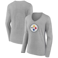 Women's Heather Gray Pittsburgh Steelers Primary Team Logo Long Sleeve V-Neck T-Shirt