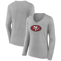 Women's Heather Gray San Francisco 49ers Primary Team Logo Long Sleeve V-Neck T-Shirt