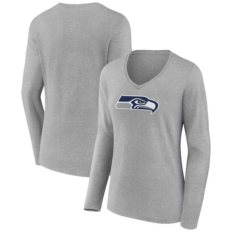 Women's Heather Gray Seattle Seahawks Primary Team Logo Long Sleeve V-Neck T-Shirt