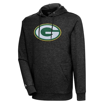 Men's Antigua Heathered Black Green Bay Packers Action Chenille Pullover Hoodie