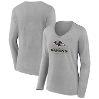 Women's Heather Gray Baltimore Ravens Logo Team Lockup Long Sleeve V-Neck T-Shirt