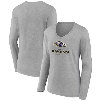 Women's Heather Gray Baltimore Ravens Logo Team Lockup Long Sleeve V-Neck T-Shirt