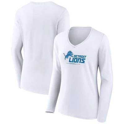 Women's White Detroit Lions Logo Team Lockup Long Sleeve V-Neck T-Shirt