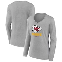 Women's Heather Gray Kansas City Chiefs Logo Team Lockup Long Sleeve V-Neck T-Shirt