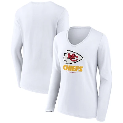 Women's White Kansas City Chiefs Logo Team Lockup Long Sleeve V-Neck T-Shirt