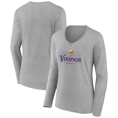 Women's Heather Gray Minnesota Vikings Logo Team Lockup Long Sleeve V-Neck T-Shirt