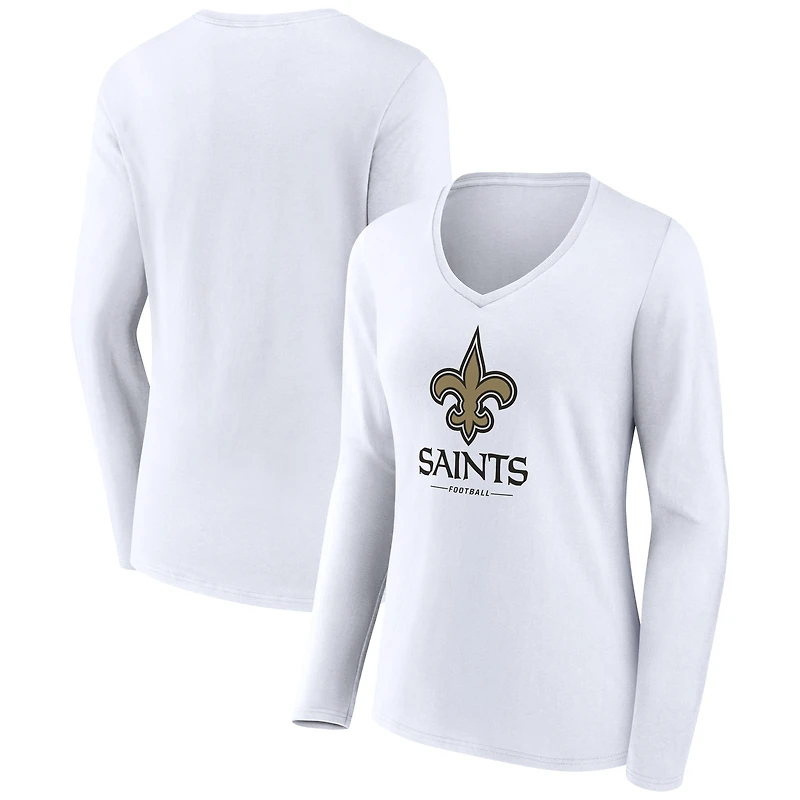 Women's White New Orleans Saints Logo Team Lockup Long Sleeve V-Neck T-Shirt