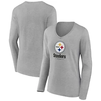 Women's Heather Gray Pittsburgh Steelers Logo Team Lockup Long Sleeve V-Neck T-Shirt