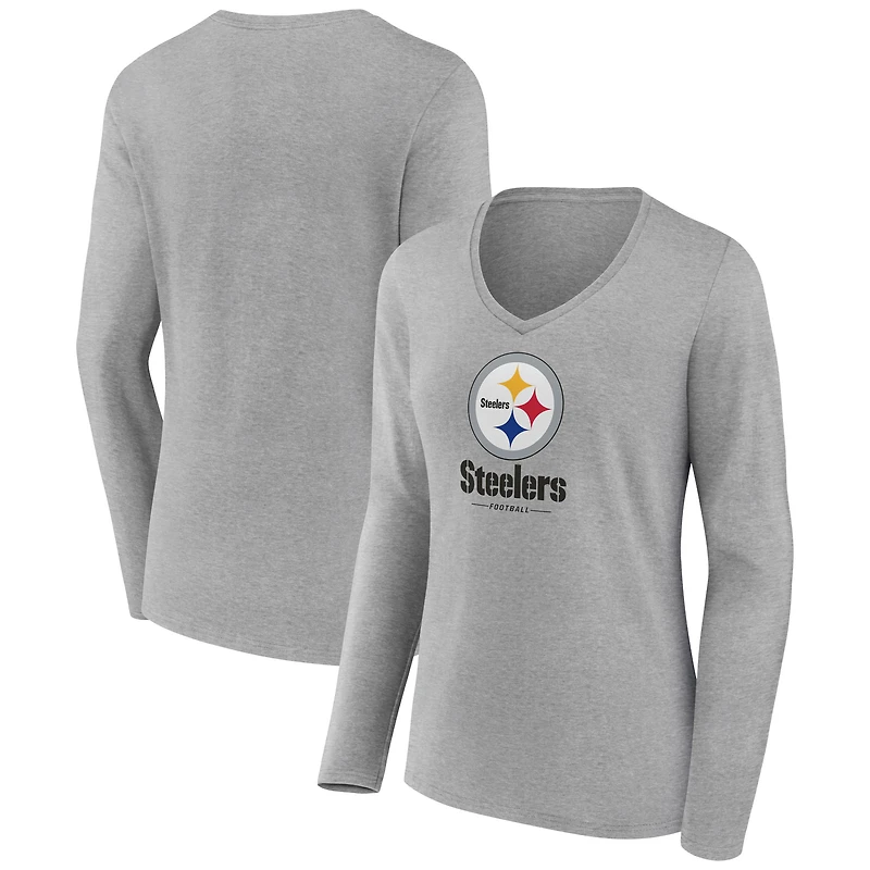 Women's Heather Gray Pittsburgh Steelers Logo Team Lockup Long Sleeve V-Neck T-Shirt