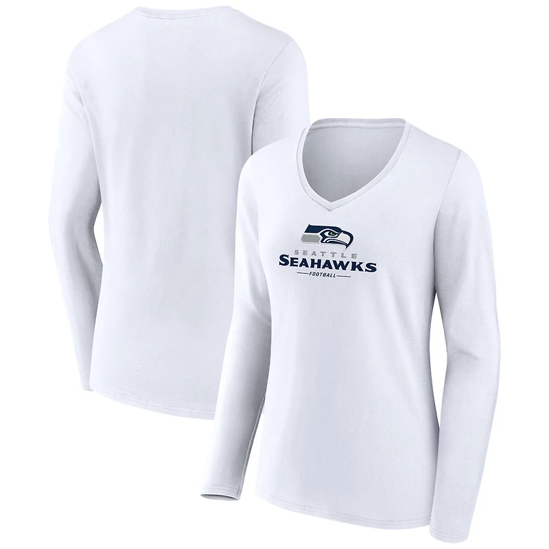 Women's White Seattle Seahawks Logo Team Lockup Long Sleeve V-Neck T-Shirt