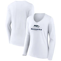 Women's White Seattle Seahawks Logo Team Lockup Long Sleeve V-Neck T-Shirt