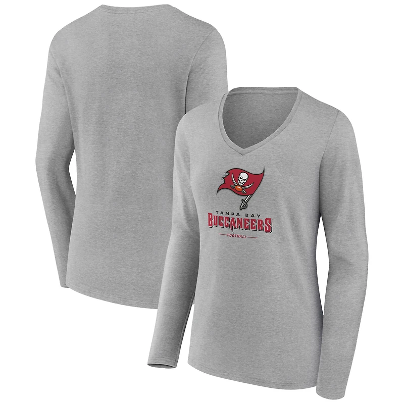 Women's Heather Gray Tampa Bay Buccaneers Logo Team Lockup Long Sleeve V-Neck T-Shirt