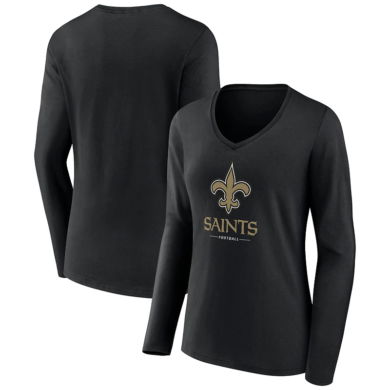 Women's Black New Orleans Saints Logo Team Lockup Long Sleeve V-Neck T-Shirt