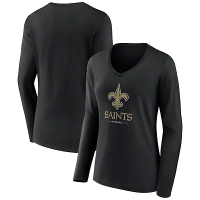 Women's Black New Orleans Saints Logo Team Lockup Long Sleeve V-Neck T-Shirt