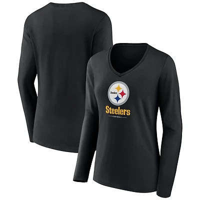Women's Black Pittsburgh Steelers Logo Team Lockup Long Sleeve V-Neck T-Shirt