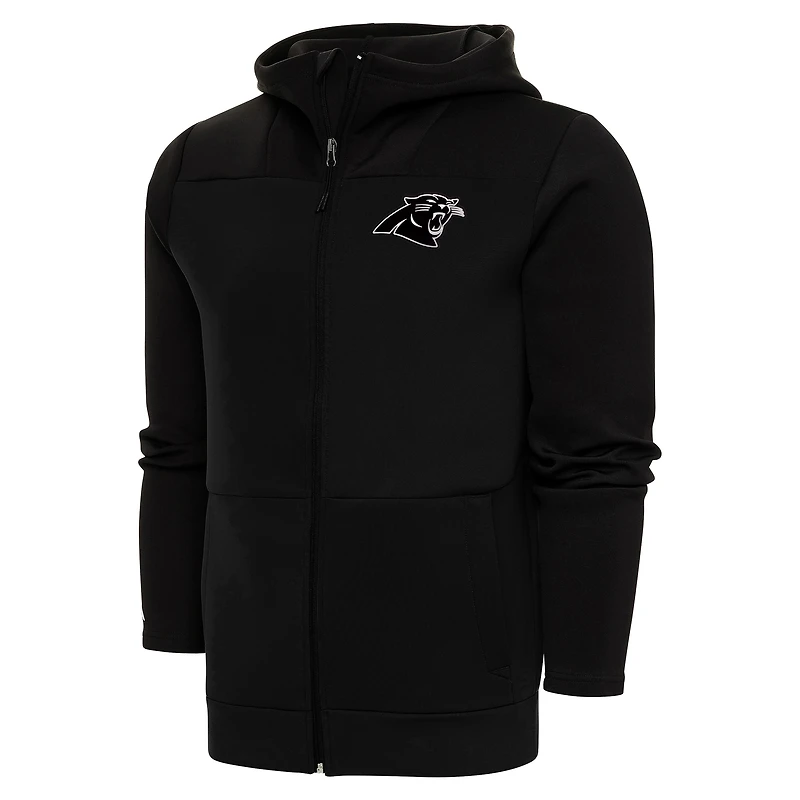 Men's Antigua Black Carolina Panthers Metallic Logo Protect Full-Zip Hoodie
