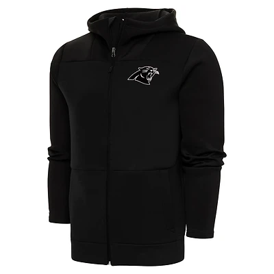 Men's Antigua Black Carolina Panthers Metallic Logo Protect Full-Zip Hoodie