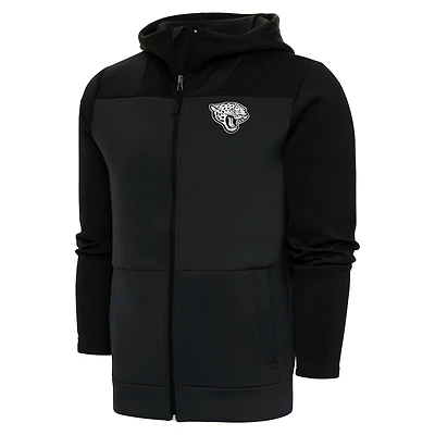 Men's Antigua Charcoal/Black Jacksonville Jaguars Metallic Logo Protect Full-Zip Hoodie
