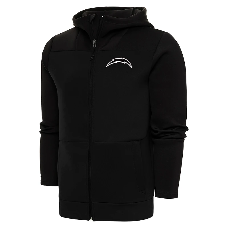 Men's Antigua Black Los Angeles Chargers Metallic Logo Protect Full-Zip Hoodie