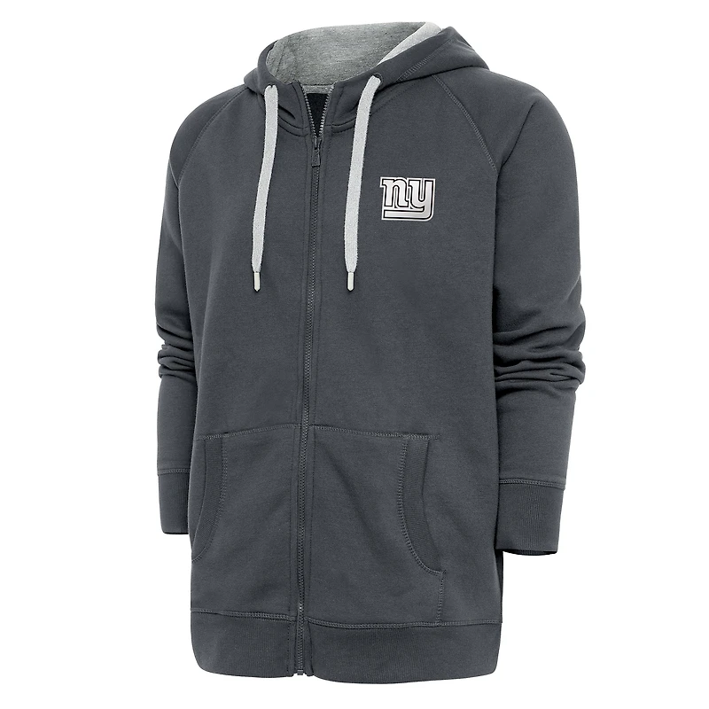Men's Antigua Charcoal New York Giants Metallic Logo Victory Full-Zip Hoodie
