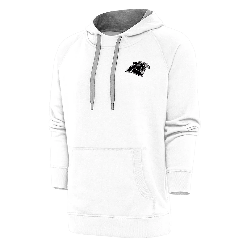 Men's Antigua White Carolina Panthers Metallic Logo Victory Pullover Hoodie