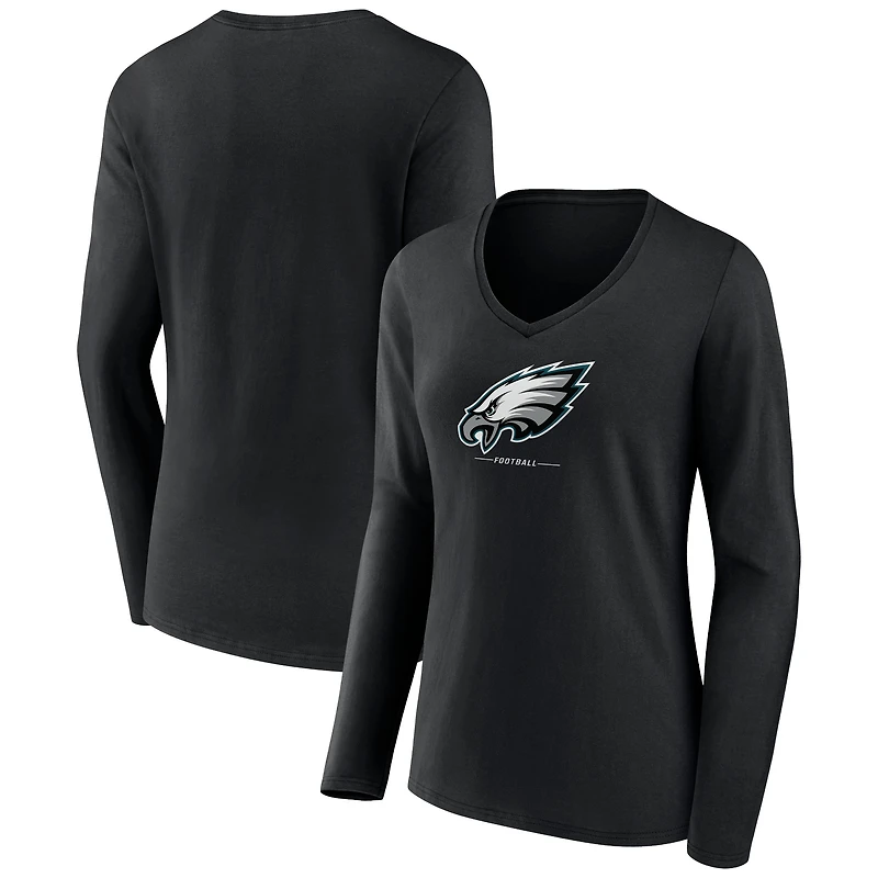 Women's Black Philadelphia Eagles Logo Team Lockup Long Sleeve V-Neck T-Shirt