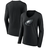Women's Black Philadelphia Eagles Logo Team Lockup Long Sleeve V-Neck T-Shirt