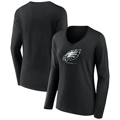 Women's Black Philadelphia Eagles Logo Team Lockup Long Sleeve V-Neck T-Shirt