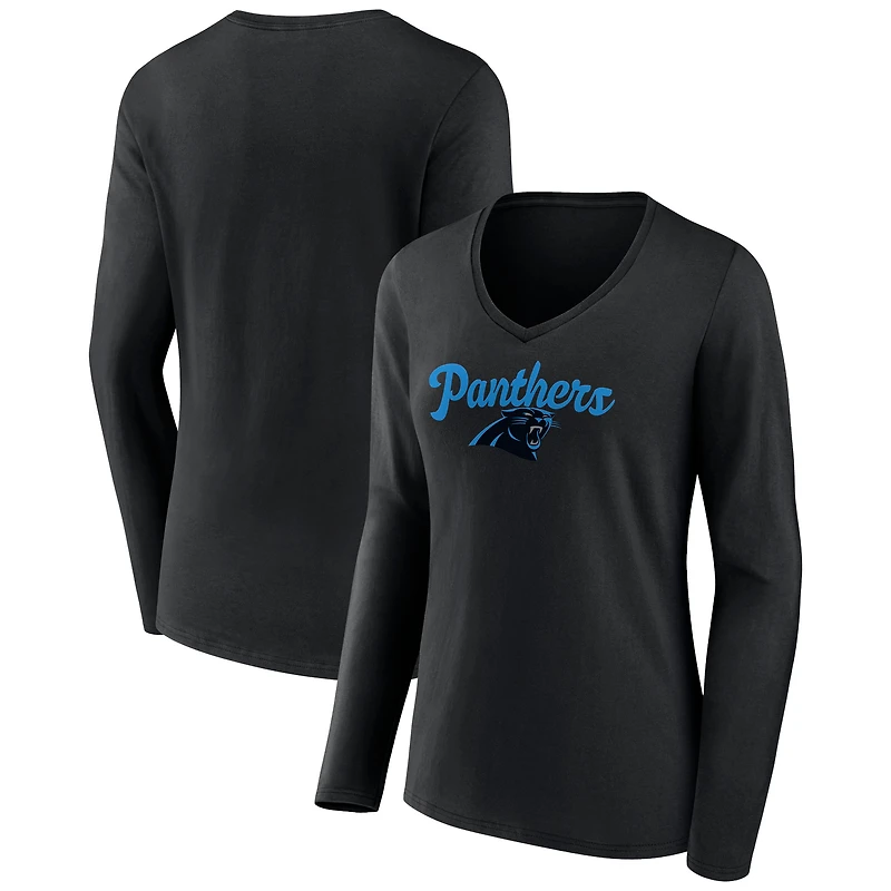 Women's Black Carolina Panthers Freehand Team Long Sleeve V-Neck T-Shirt