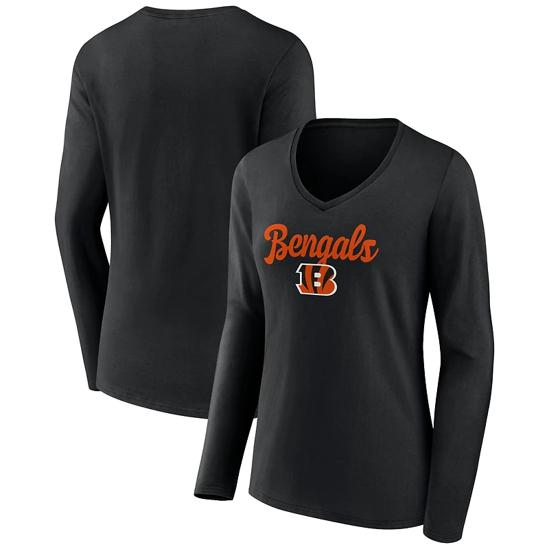 Women's Black Cincinnati Bengals Freehand Team Long Sleeve V-Neck T-Shirt