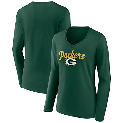 Women's Green Green Bay Packers Freehand Team Long Sleeve V-Neck T-Shirt