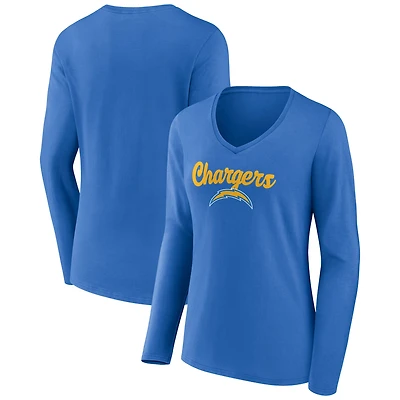Women's Powder Blue Los Angeles Chargers Freehand Team Long Sleeve V-Neck T-Shirt