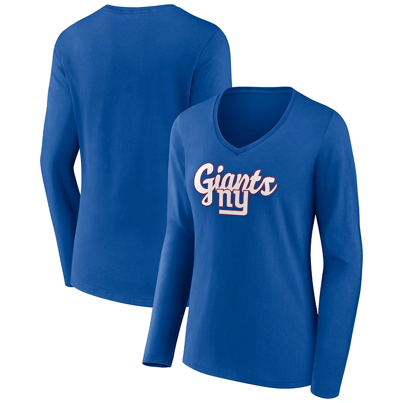 Women's Royal New York Giants Freehand Team Long Sleeve V-Neck T-Shirt