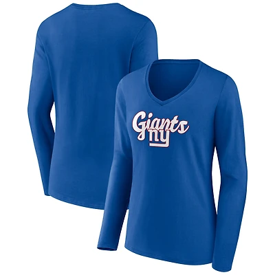 Women's Royal New York Giants Freehand Team Long Sleeve V-Neck T-Shirt