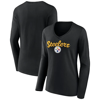 Women's Black Pittsburgh Steelers Freehand Team Long Sleeve V-Neck T-Shirt