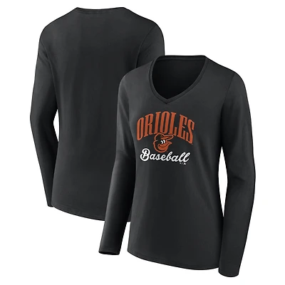 Women's Black Baltimore Orioles Victory Script Long Sleeve V-Neck T-Shirt
