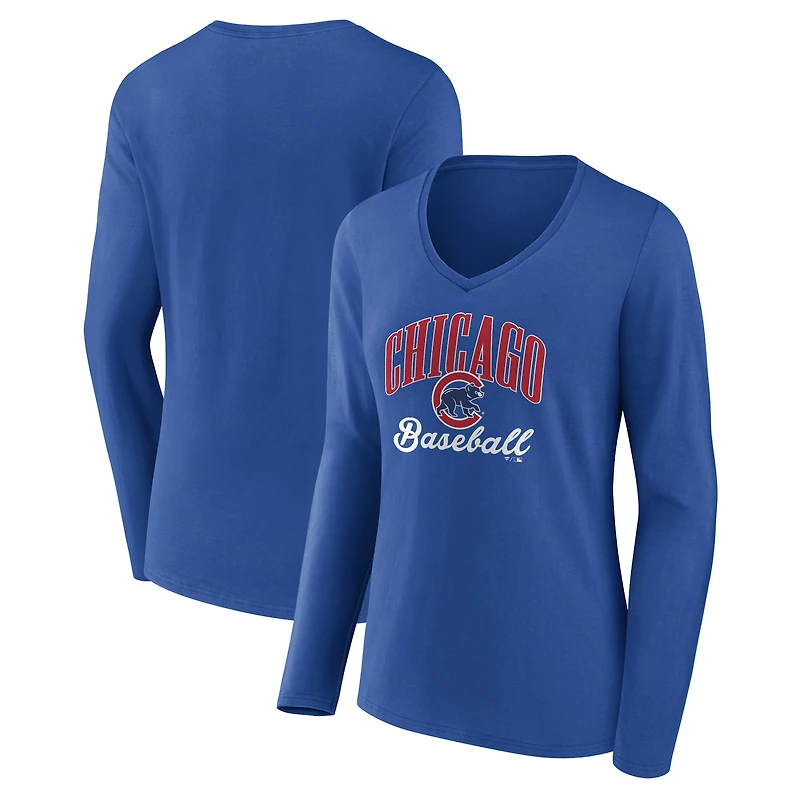 Women's Royal Chicago Cubs Victory Script Long Sleeve V-Neck T-Shirt