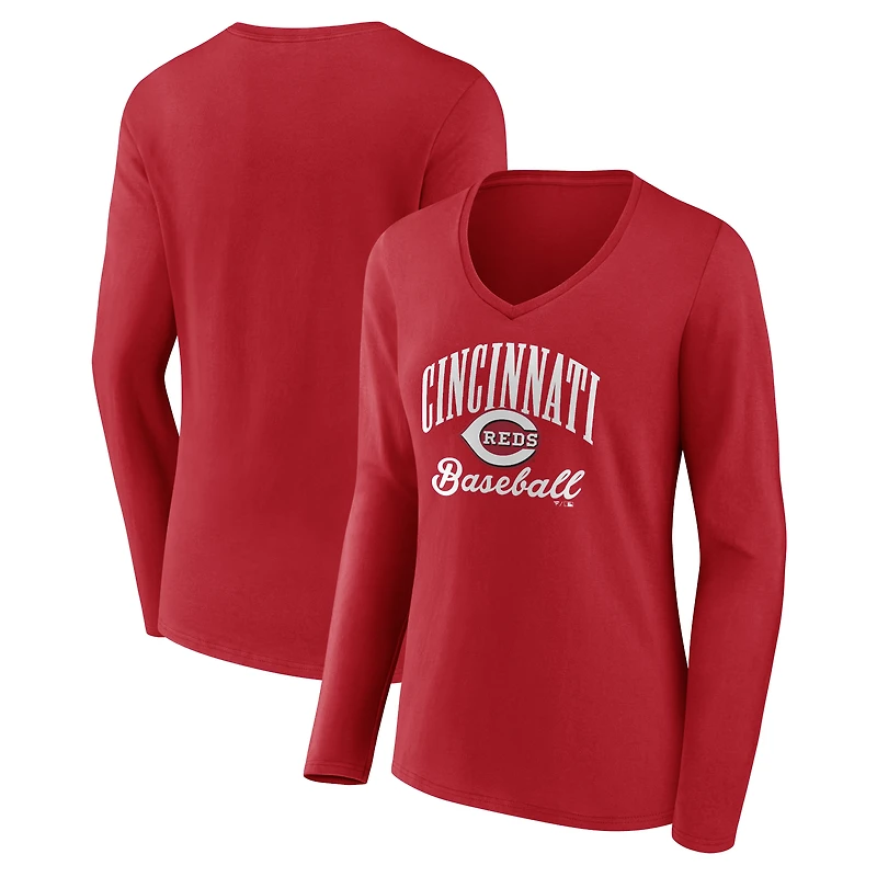 Women's Red Cincinnati Reds Victory Script Long Sleeve V-Neck T-Shirt