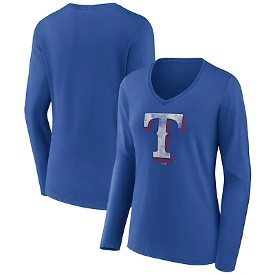 Women's Royal Texas Rangers Distressed Team Long Sleeve V-Neck T-Shirt