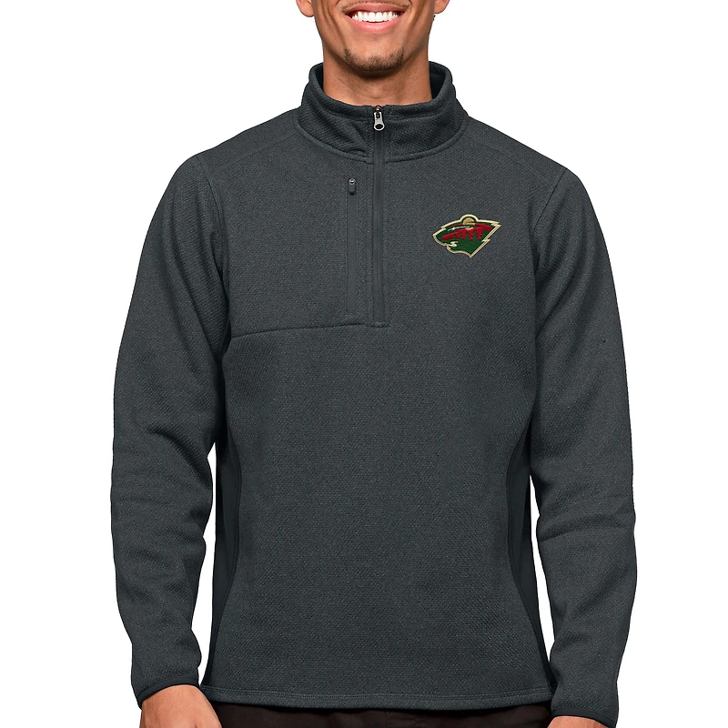 Men's Antigua Heather Charcoal Minnesota Wild Course Quarter-Zip Pullover Top
