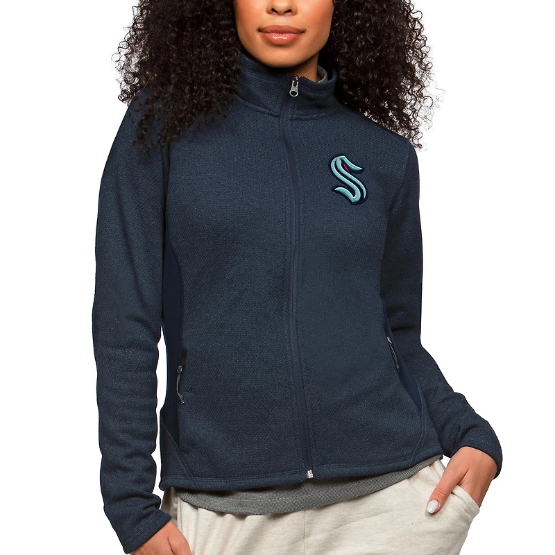 Women's Antigua Heather Navy Seattle Kraken Primary Logo Course Full-Zip Jacket