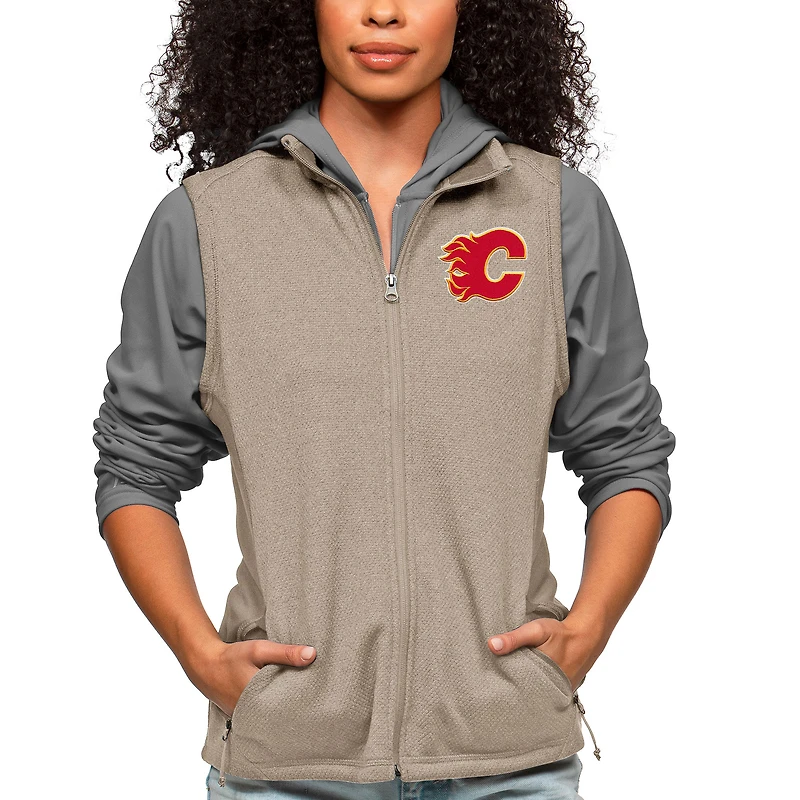 Women's Antigua Oatmeal Calgary Flames Primary Logo Course Full-Zip Vest