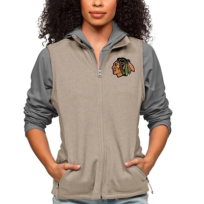 Women's Antigua Oatmeal Chicago Blackhawks Primary Logo Course Full-Zip Vest