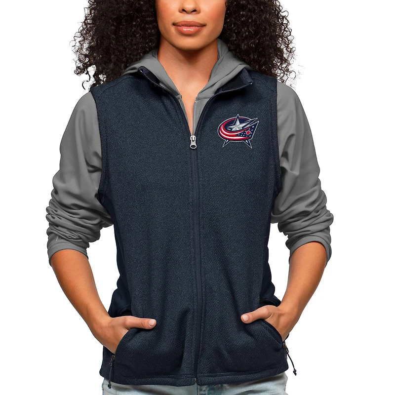 Women's Antigua Heather Navy Columbus Blue Jackets Primary Logo Course Full-Zip Vest