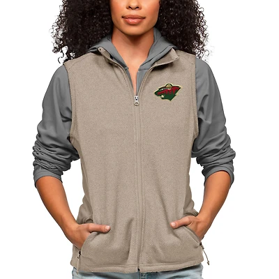Women's Antigua Oatmeal Minnesota Wild Primary Logo Course Full-Zip Vest