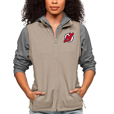 Women's Antigua Oatmeal New Jersey Devils Primary Logo Course Full-Zip Vest