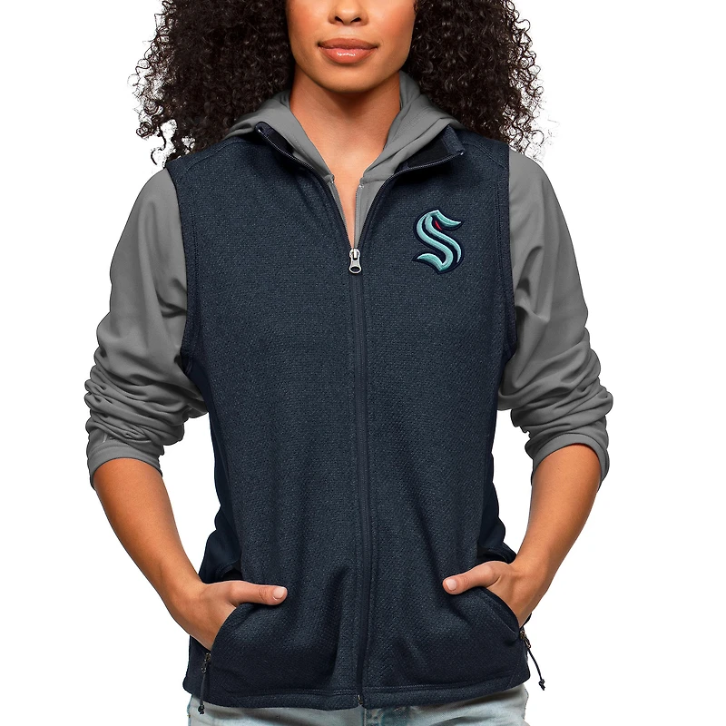 Women's Antigua Heather Navy Seattle Kraken Primary Logo Course Full-Zip Vest