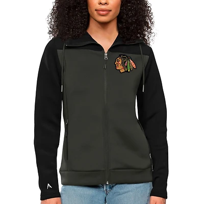 Women's Antigua Black/Charcoal Chicago Blackhawks Protect Full-Zip Hoodie